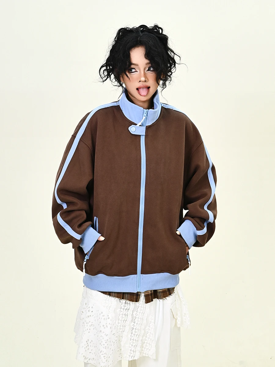 

너 коричневый Jaet на молнии с воротником-стойкой, женская свободная спортивная одежда BF American College Sle, осеннее новое поступление, Street Faion