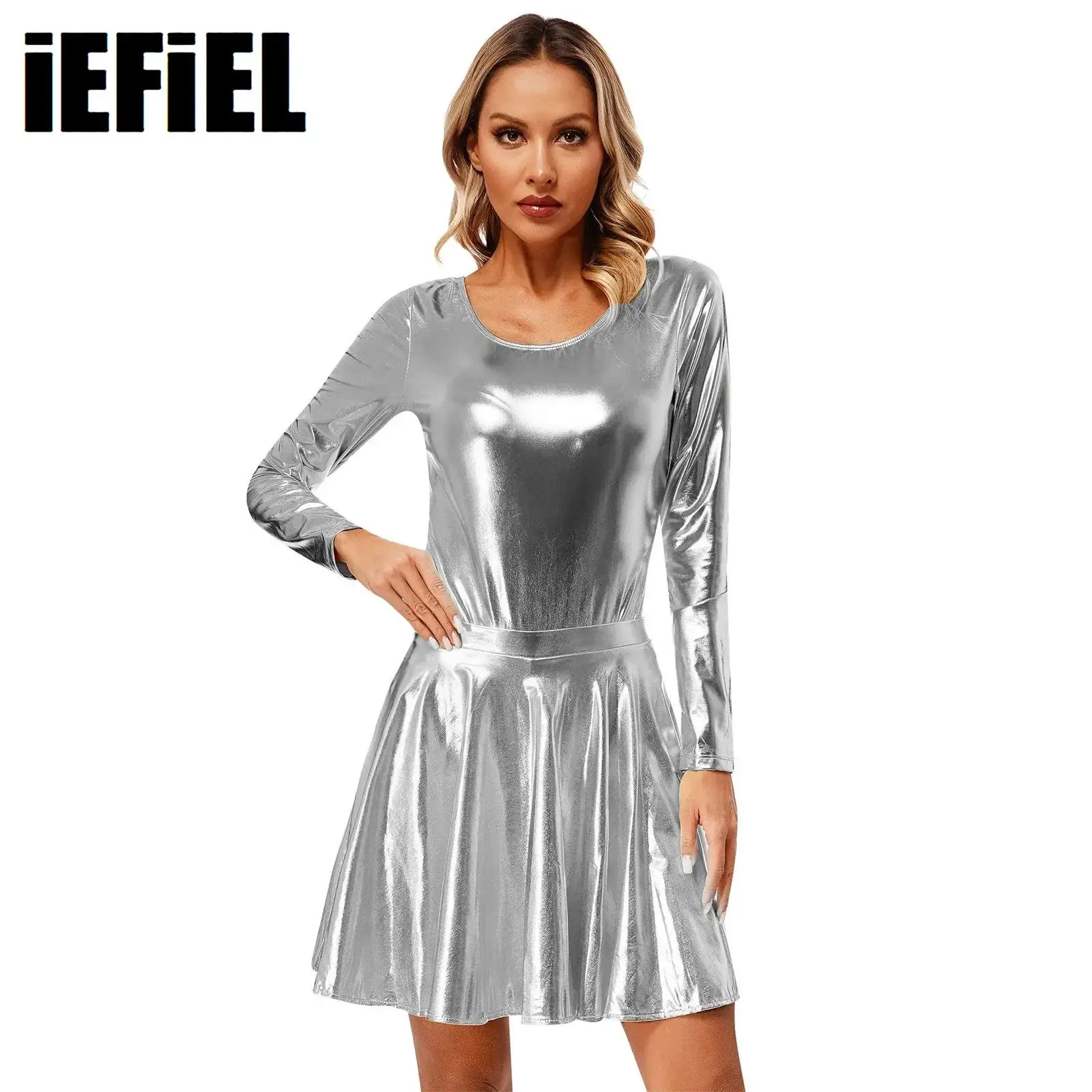 Shiny Metallic Ballet Dress for Womens Performance Outfits Long Sleeve Round Neck Leotard with High Waist Flare Skirt for Party