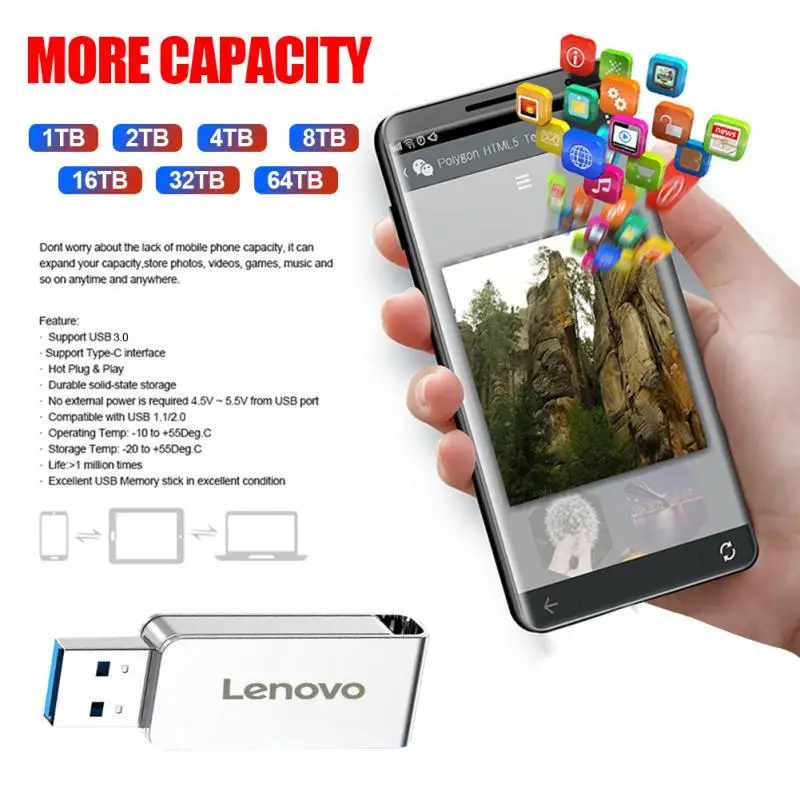 Lenovo 64TB USB Flash Drives 4TB Metal Real Capacity Memory Stick High Speed Flash Memory 8TB Black Gift Storage U Disk For PC