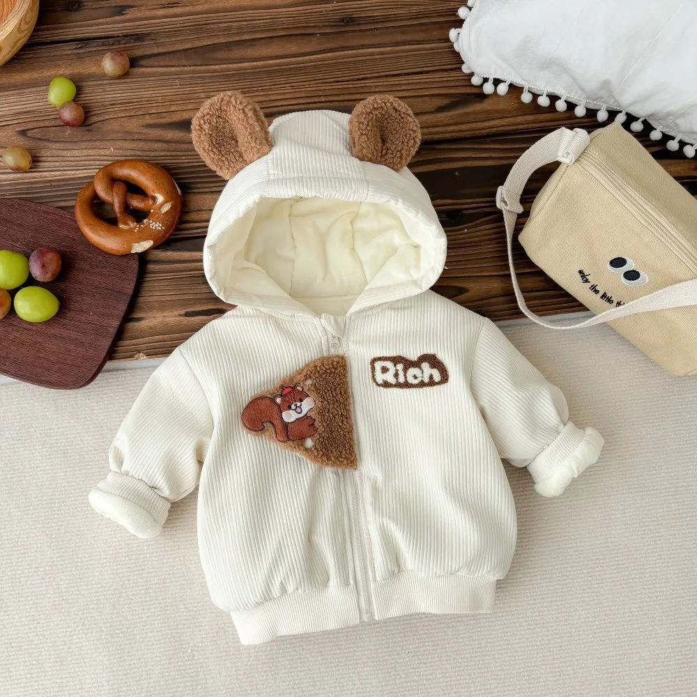 

Korean 2024 Boys Hooded Winter Jacket Plush Insulation Hooded Bear Ears Infant Boys Outerwear Zipper Warm Baby Boys Coat