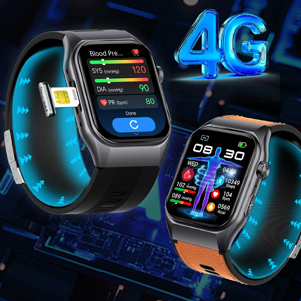 Air Pump Accurate Blood Pressure Smart Health 4G Card & BT Call Watch ECG Heart Rate SpO2 AMOLED Multiple Sport Smartwatches