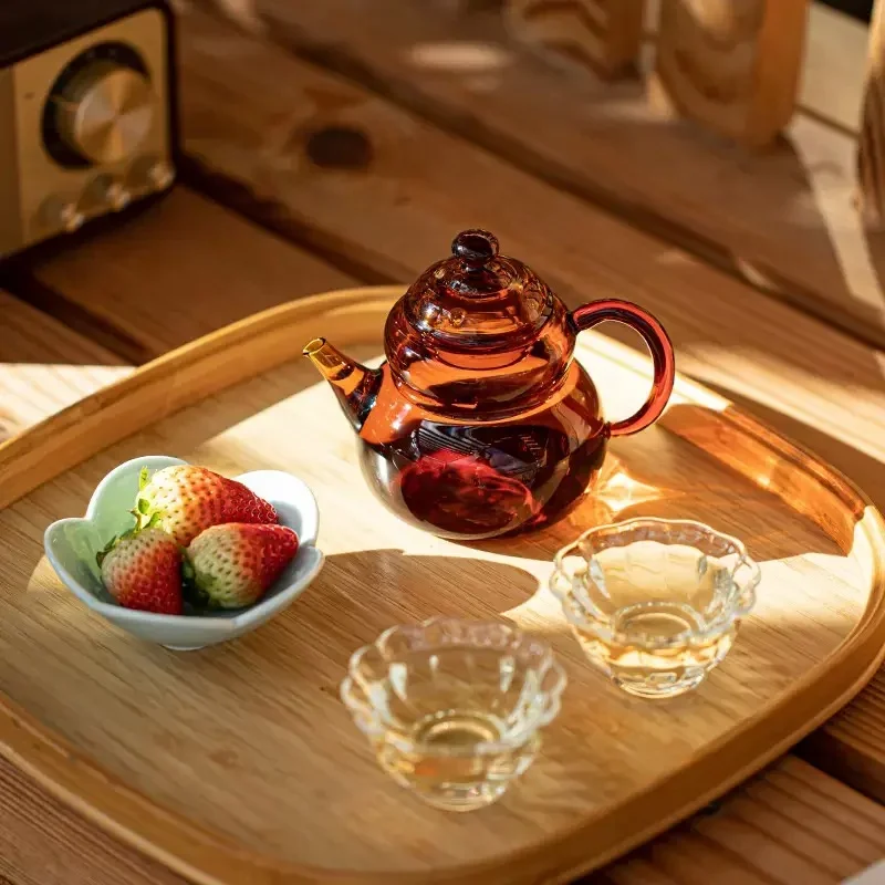 220ML Amber Color Gourd Shape Small Glass Teapot, Household Brewing Flower Puer Green Tea Pot Kung Fu Tea Set