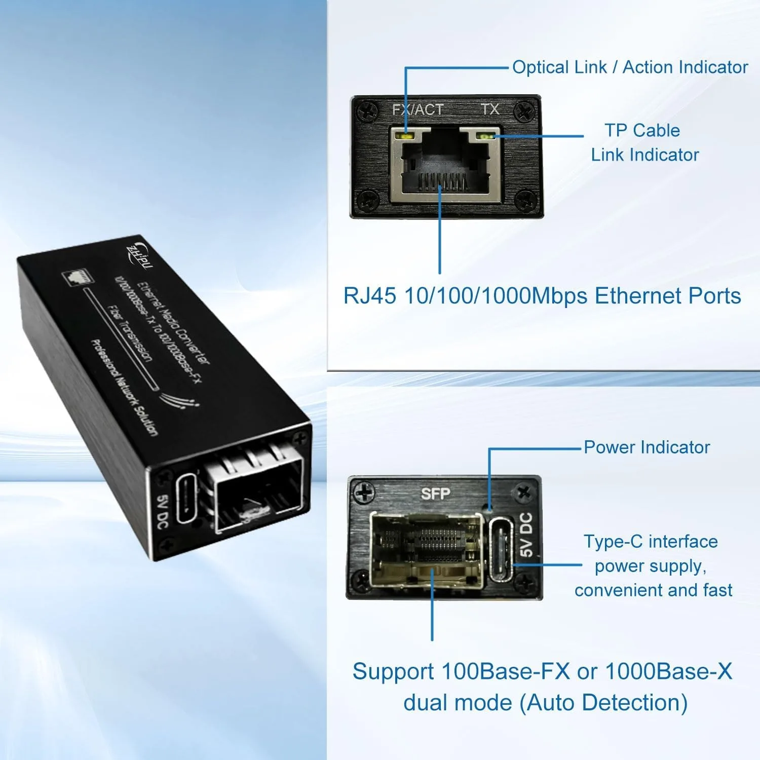 Mini Gigabit Fiber Media Converter 10/100/1000Mbps with 1310nm Single Mode 20km SFP Module & USB Type-C Power Input