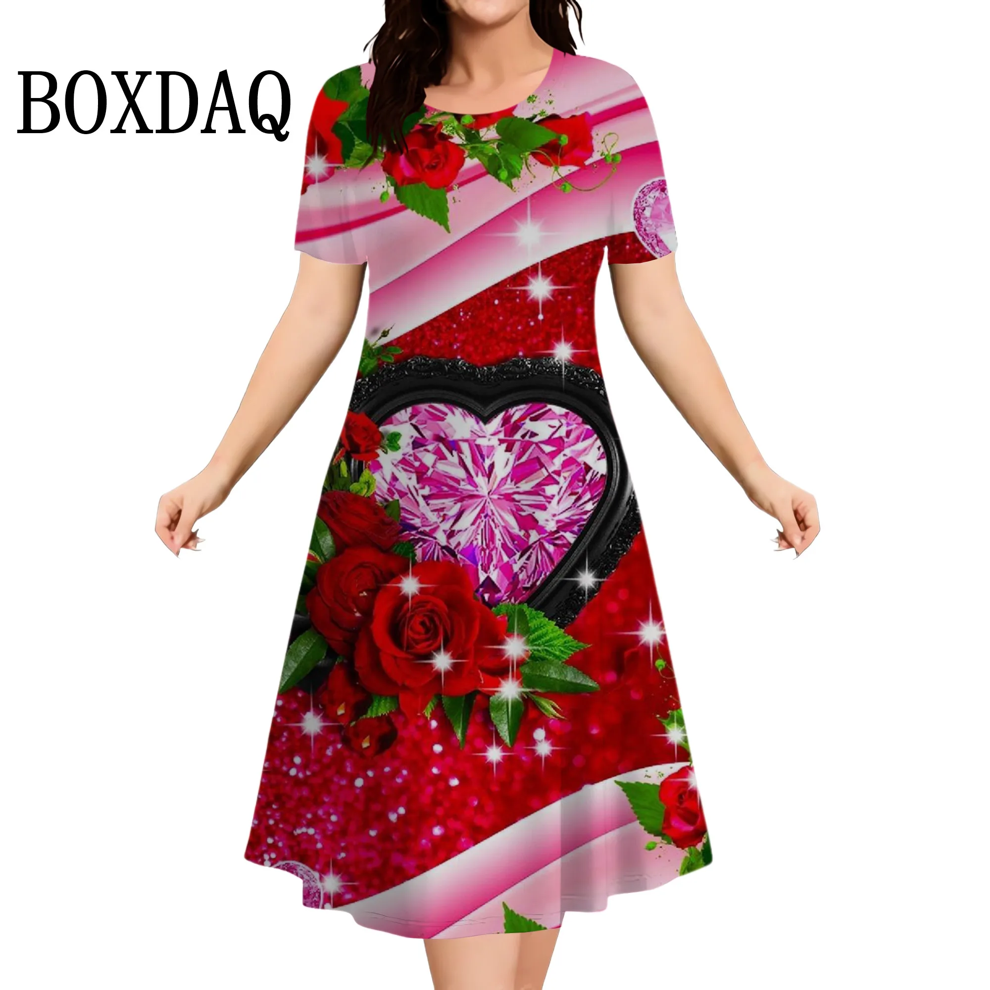 

Elegant Ladies Red Rose Flowers Dress Women Sweet Heart 3D Print Dress Summer Casual Fashion Short Sleeve Loose Party Mini Dress