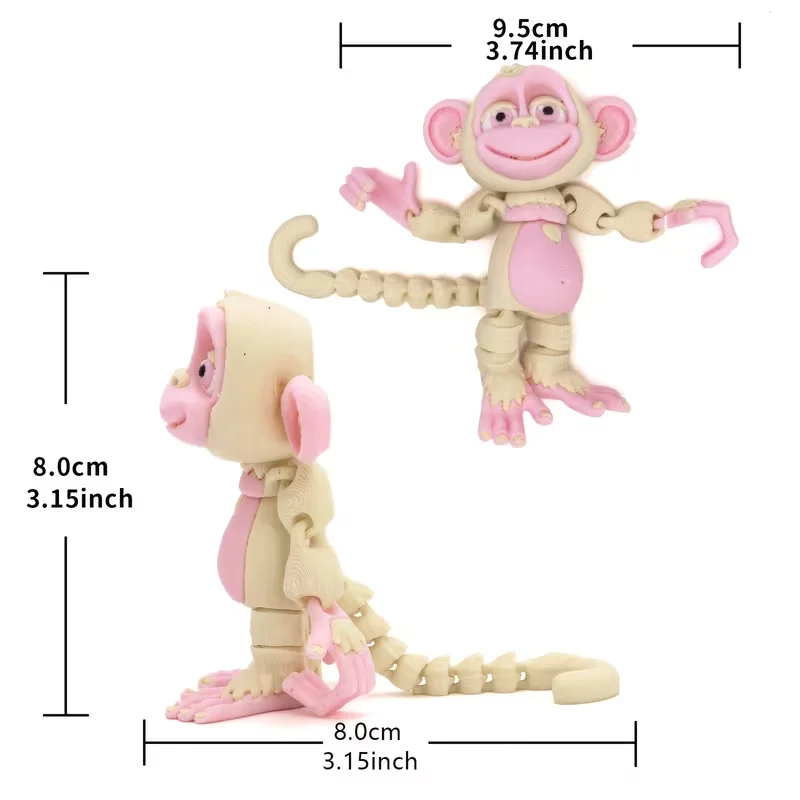 Cute Multicolor 3D Printed Pink Monkey • Palm-Sized Mini Realistic Monkey Articulated Figure Sculpture • 3D Printed Full-Body