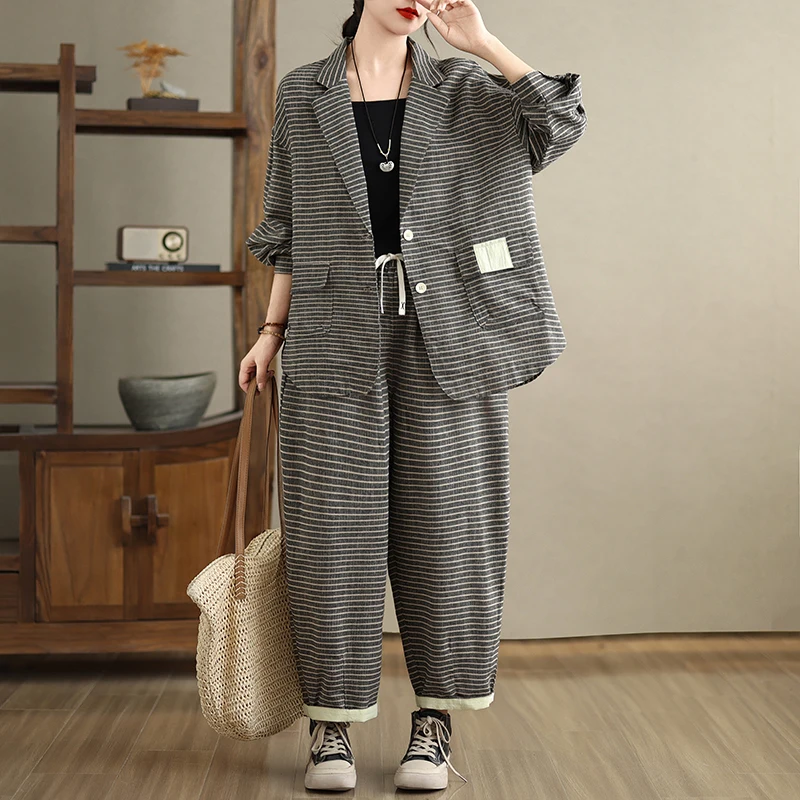Abito casual a righe da donna taglie forti Allentato dimagrante Faionable Retro Set in due pezzi Pendolarismo Sle Lungo Sve Bottone singolo