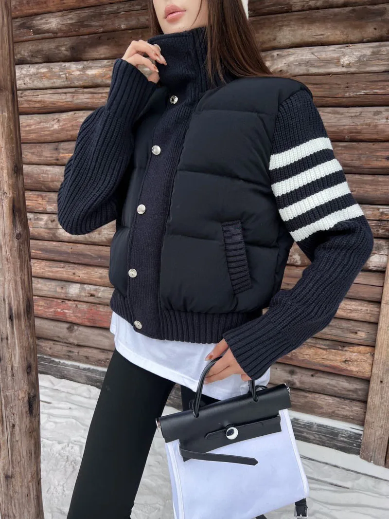 Autumn Winter New Design Knitted Stitching White Duck Down Jacket Women\'s Color Matching Design Thickened Warm Short Coat Ladies