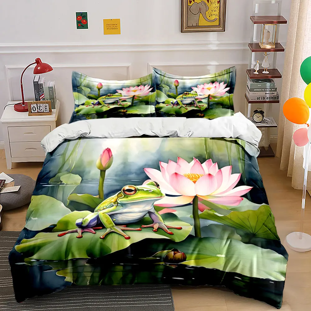 Frog and Lotus Pond Scene Printed Duvet Cover Set1 Duvet Cover+2 PillowcaseMulti Size Bedroom Bedding Decoration Luxury gifts