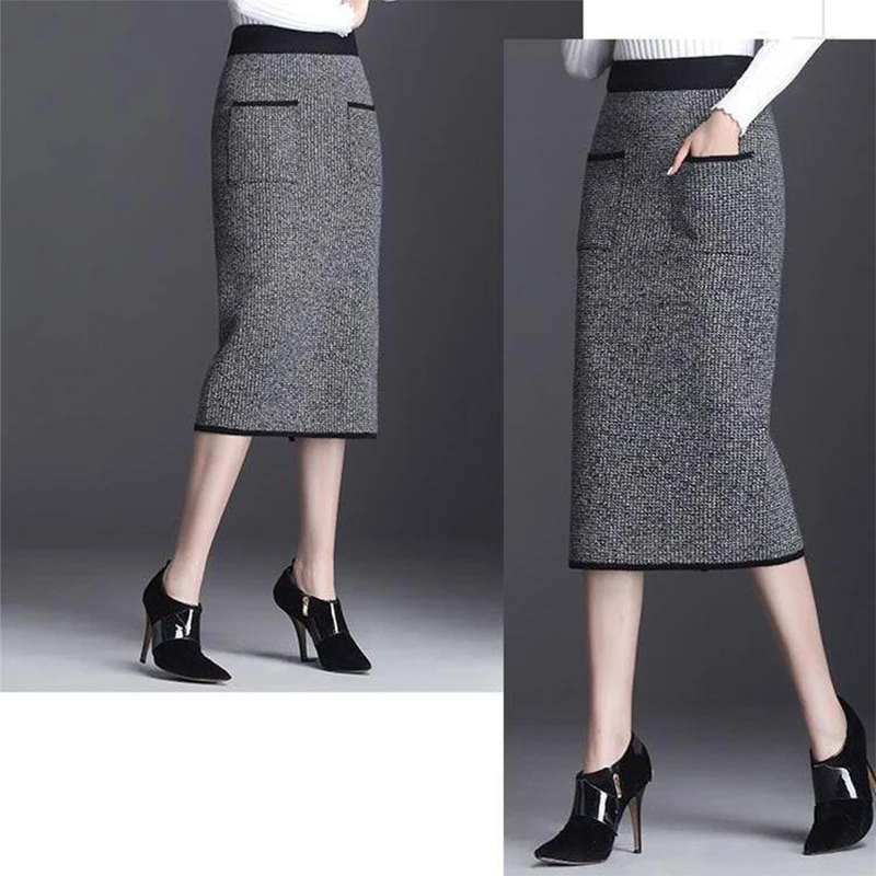 الخريف الشتاء المرأة ميدي محبوك تنورة الإناث تنورة عالية الخصر رشاقته جيوب ضئيلة خطوة واحدة الورك التنانير #6