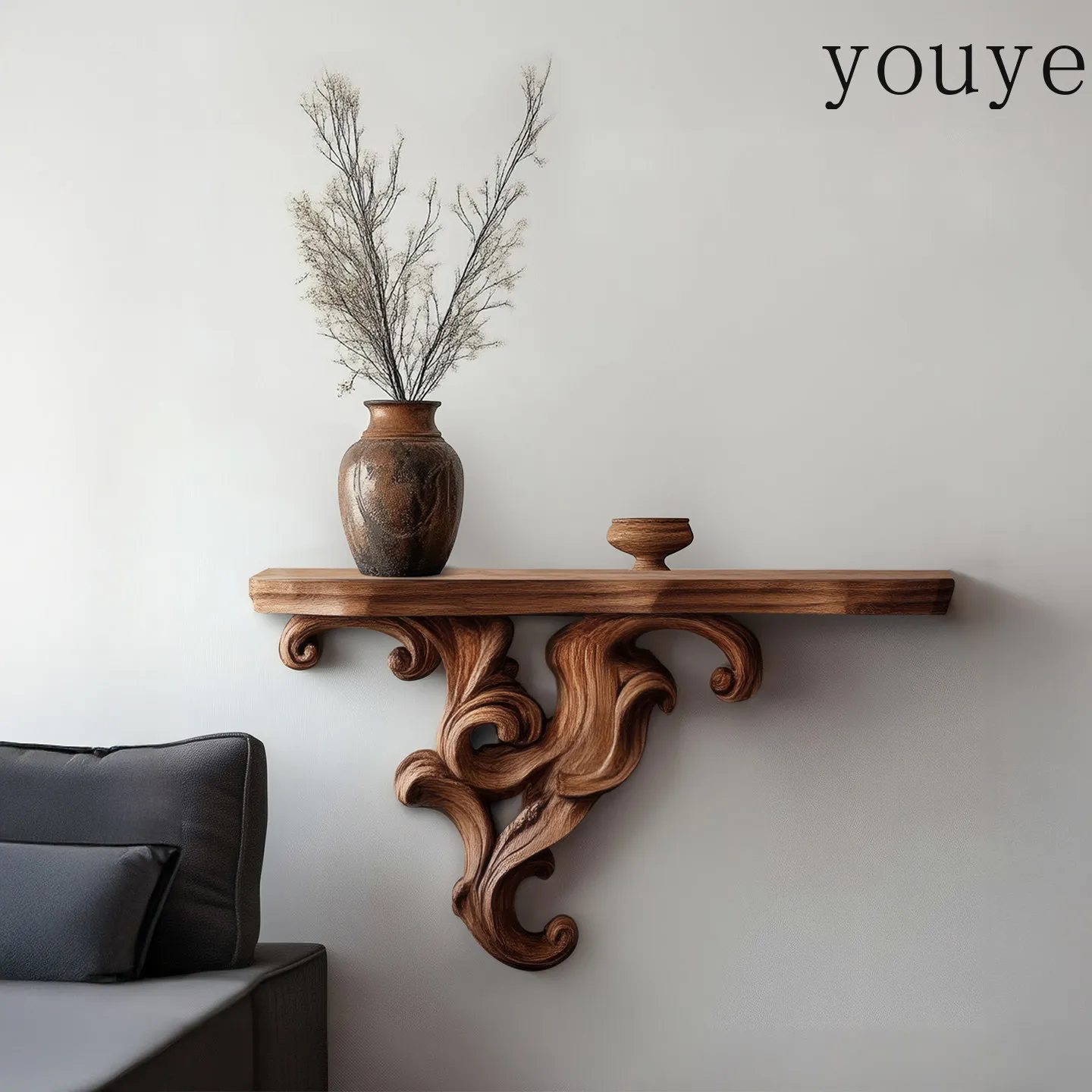 Medieval style classic wooden entryway counter, carved decorative wall-mounted storage rack, living room entryway