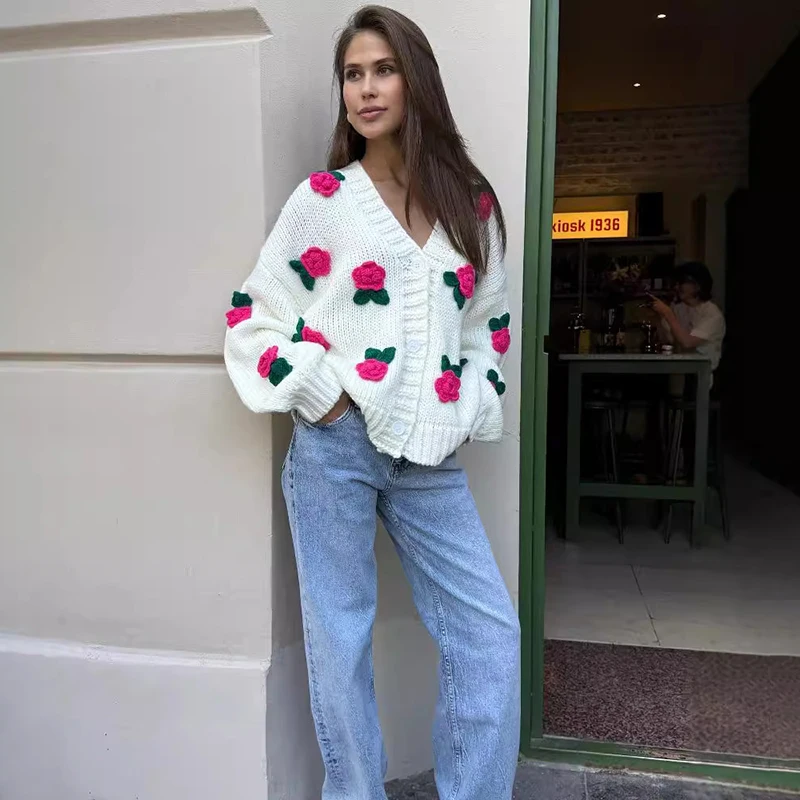 TARUXY 3D Rose Flower Knitted Cardigan Female 2024 Autumn Winter Hand-Knitted Sweater Jacket V Neck Fashion Splice Casual Top