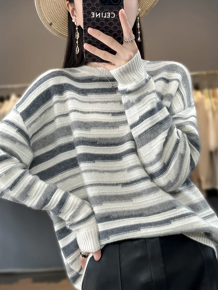 100% pure merino sweater 2023 autumn and winter new women's round neck pullover striped knit top women's coat