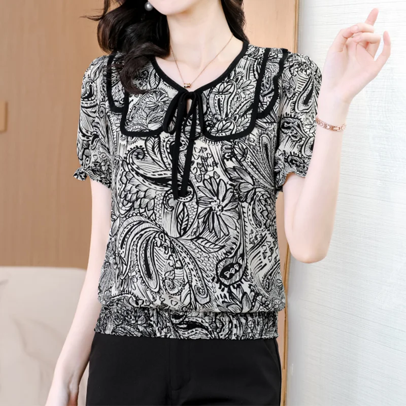 Summer New Korean Loose-fitting Ink Painting Pullover T-Shirt Summer V-Neck Leopard Bow Lacing Short Sleeved Chiffon Women's Top