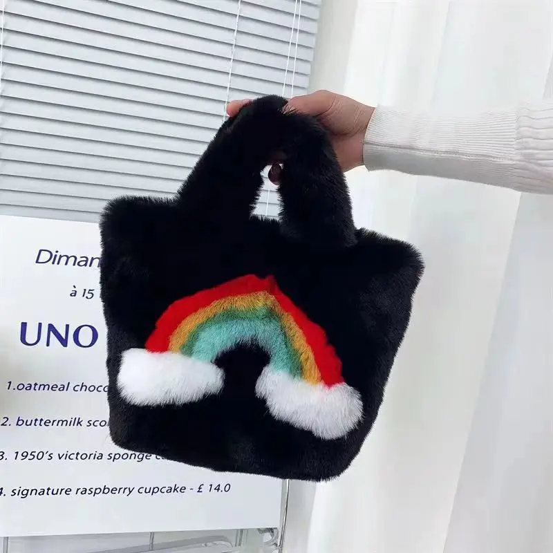 Winter Cute Rainbow Plush Bag Women Fashion Fluffy Bag Large Capacity Chain Crossbody Bucket  Shoulder Furry Soft Fluffy Bags