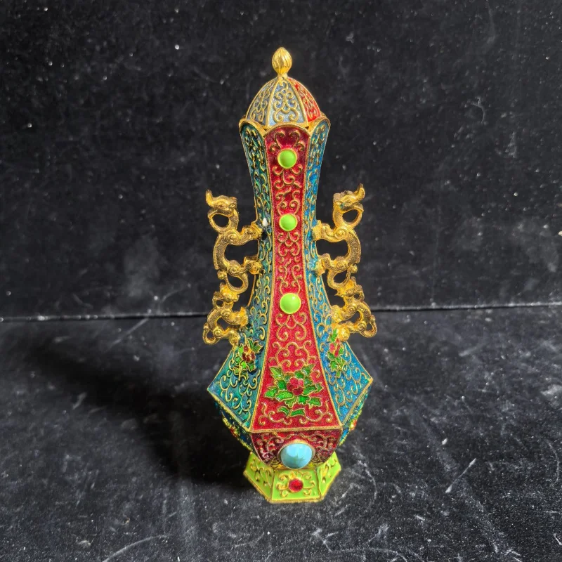 Antique Craft Hexagonal Vase Inlaid with Turquoise Large Antique Pure Copper Ornament