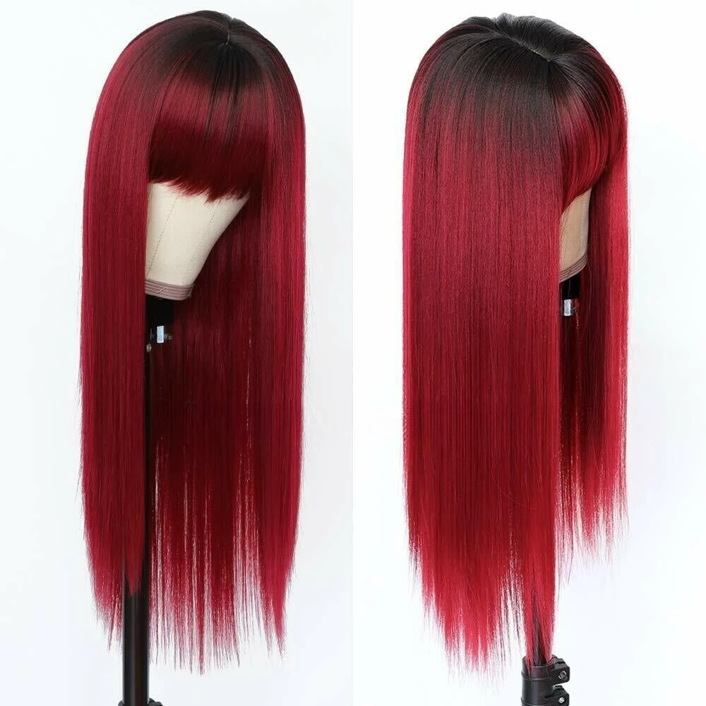 

Long Ombre Red Synthetic Hair Wig Full Bangs Heat Resistant Cosplay Party Wigs