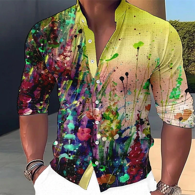 Colorful Floral Pattern Shirts For Men Fashion Spring Autumn 3D Flower Printed Long Sleeve Shirt Casual Loose Breathable Blouse