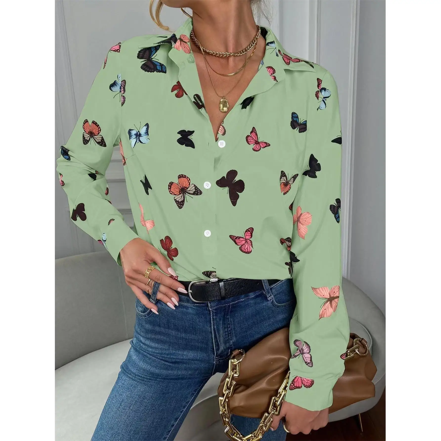 Women's Long Printed irt Polyester Fabric Regular Sve Length Spring Season Faion Ladies' irt Polyester Fiber