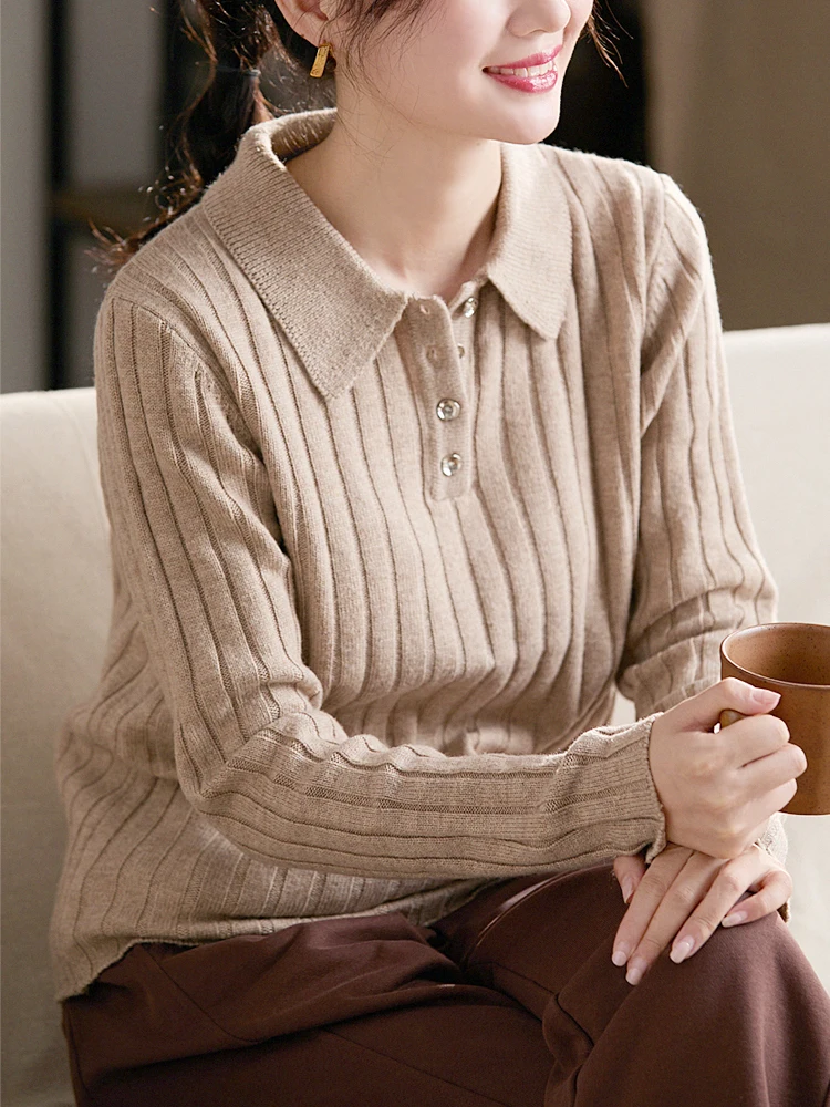 

Wool Camere Blend Long Sve Knitted Sweater Casual Turn-down Collar Soft Loose Fit Women's Base Layer Sweater