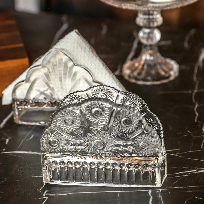

Delicate Transparent Relief Glass Napkin Holder Hotel Table Western Restaurant Tissue Holder Desktop Square Storage Rack Tools
