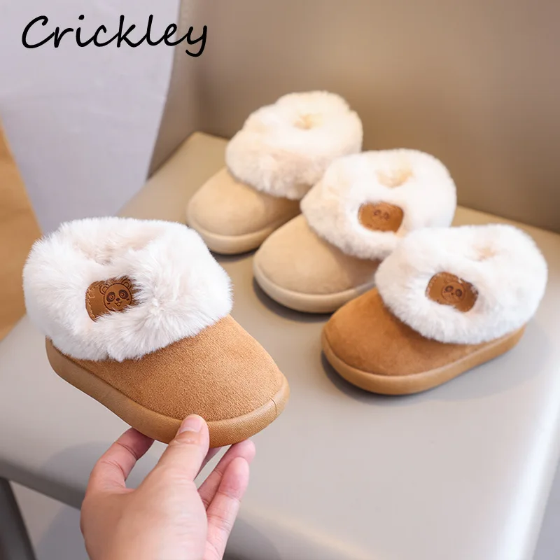 Solid PU Girls Boys Snow Boots Plush Warm Slip On Thicken Toddler Kids Ankle Shoes Anti Slip Soft Children Winter Boots