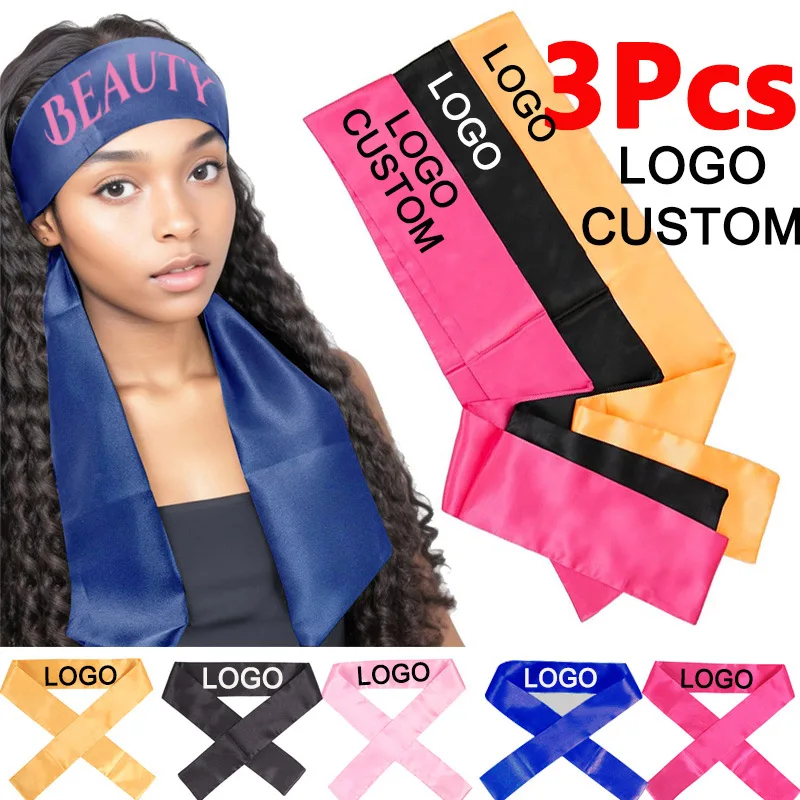 

Logo Custom Satin Edge Laying Scarf Wigs Grip Headband Wrapping Head Band For Laying Lace Frontal Wigs Hair Wrap Headband 3Pcs