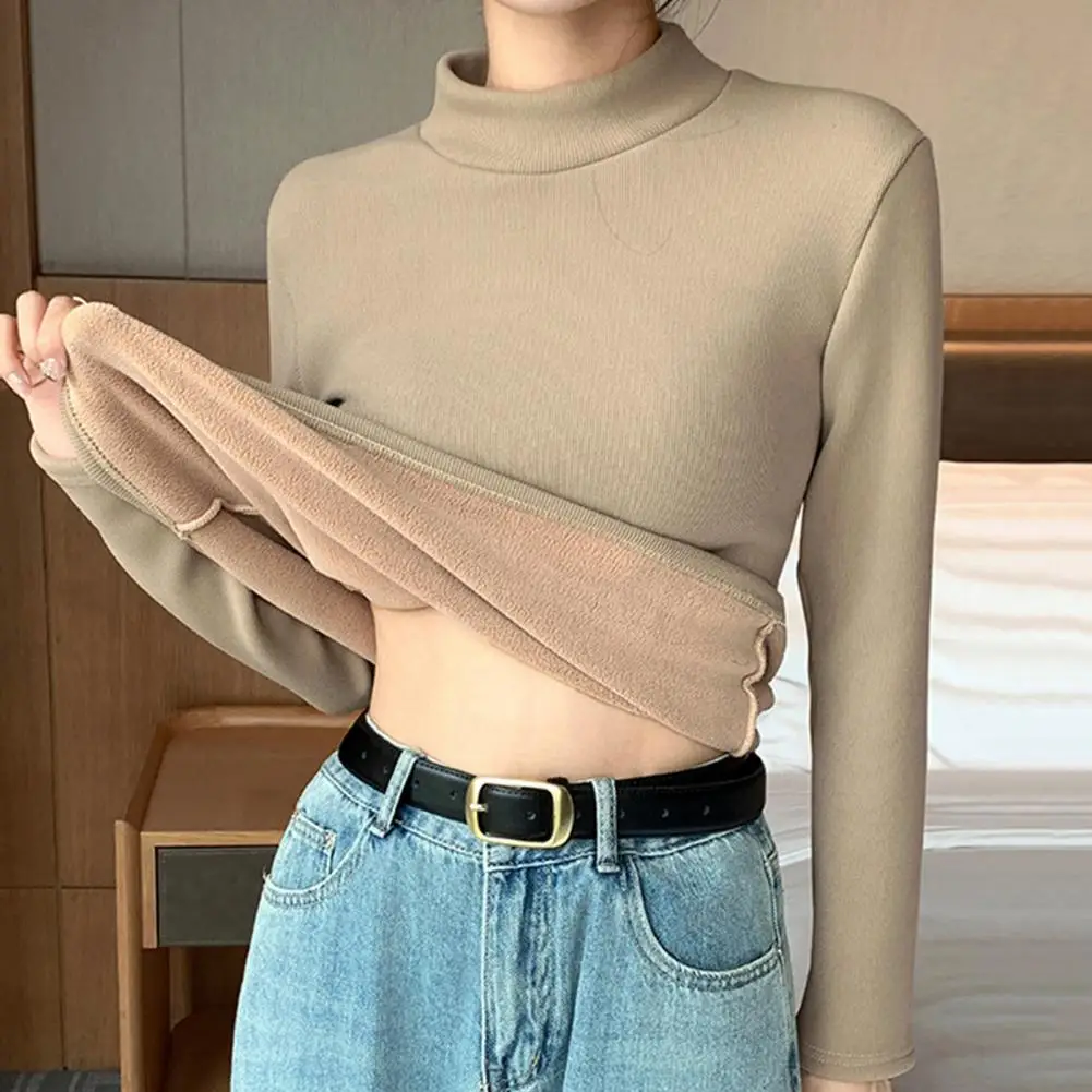 Regular-fit Women Top Elegant Thicken Velvet Lined Winter Sweater Slim Fit Knitwear Jumper with Half High Collar Stay Warm