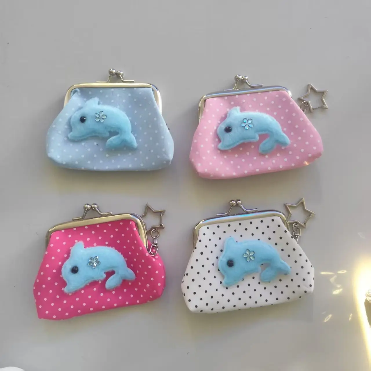 Plush Dolphin Kiss Lock Coin Purse Polka Dot Mini Clutch Bag Star Keychain Small Wallet Girls Lipstick Earphone Storage Pouch