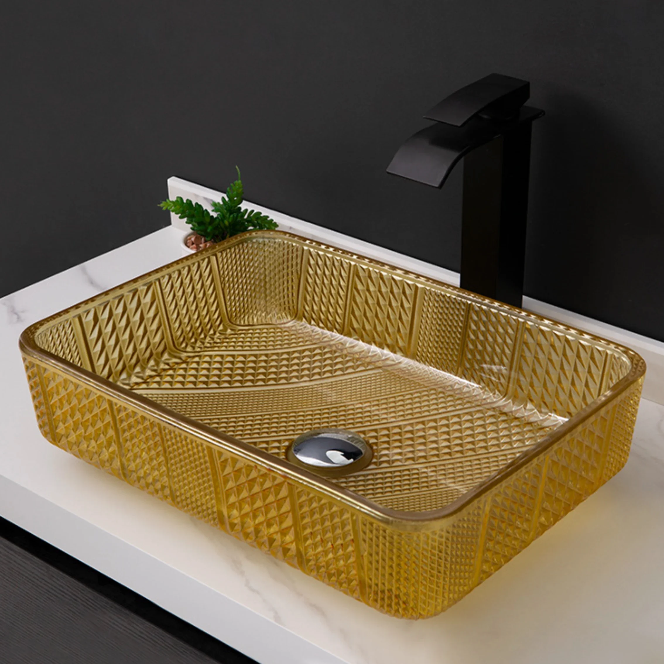 

Crystal Glass Washbasin Art Countertop Basin Balcony Rectangular Bathroom Washbasin With Cold and Hot Water Faucet