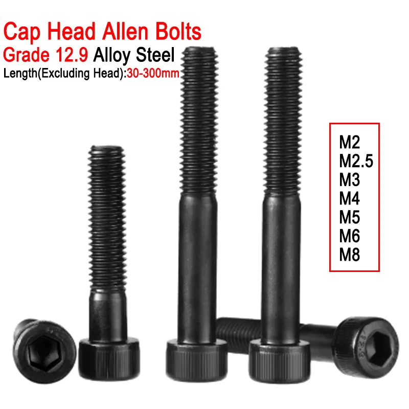 M3 M4 M5 M6 M8 Lengthened Long Allen Hexagon Hex Socket Cap Head Black Grade 12.9 Alloy Steel Half Thread Screw Bolt 30mm~300mm