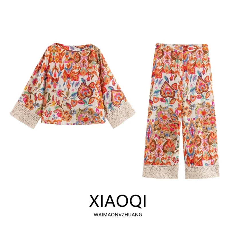 

Summer 2024 Women's fiti Print Long Sve ape High Waist Long Pants Faion Set High Quali Cotton Blend Comfortable Fit