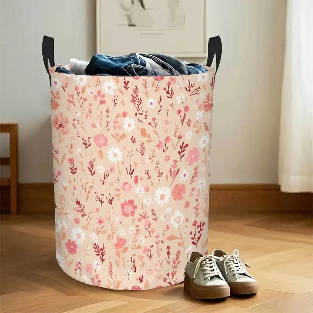 Large Laundry Basket Floral Ditsy pattern in Pink White Green Easy-Clean Lightweight Laundry Hamper with Sturdy Handles