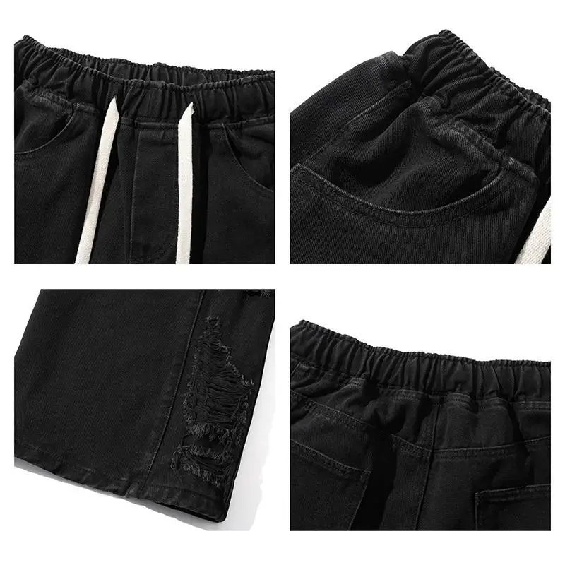 M-XXXL Men's Autumn Vintage Washed Jeans American Style Distressed Casual Denim Pants with Side Rips & Drawstring Elastic Waist