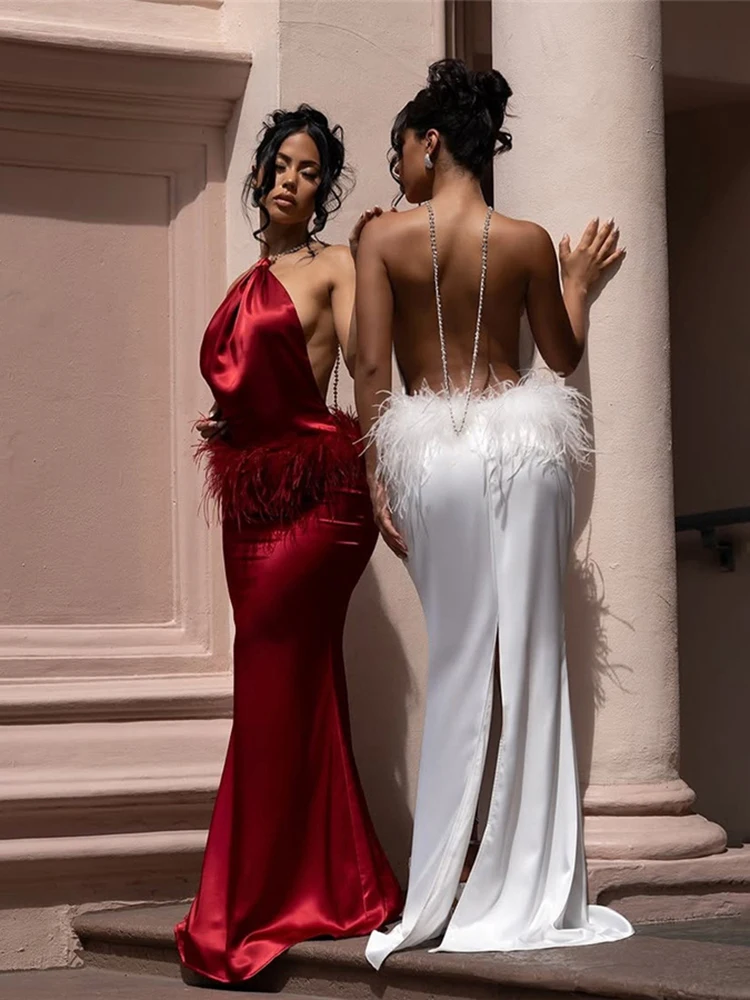 클리우 실키 새틴 우아한 롱 드레스 여성 체인 홀터 백리스 퍼리 패치워크 하이 웨이스트 크리스마스 파티 힙스터 베스티도스