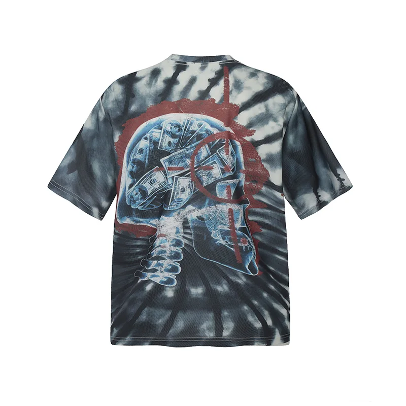 High Street Full Tie Dye Skull Banknote Print Saint T Shirts Men Women Breathable Quick Drying T-Shirt Oversized Mesh Tee Tags