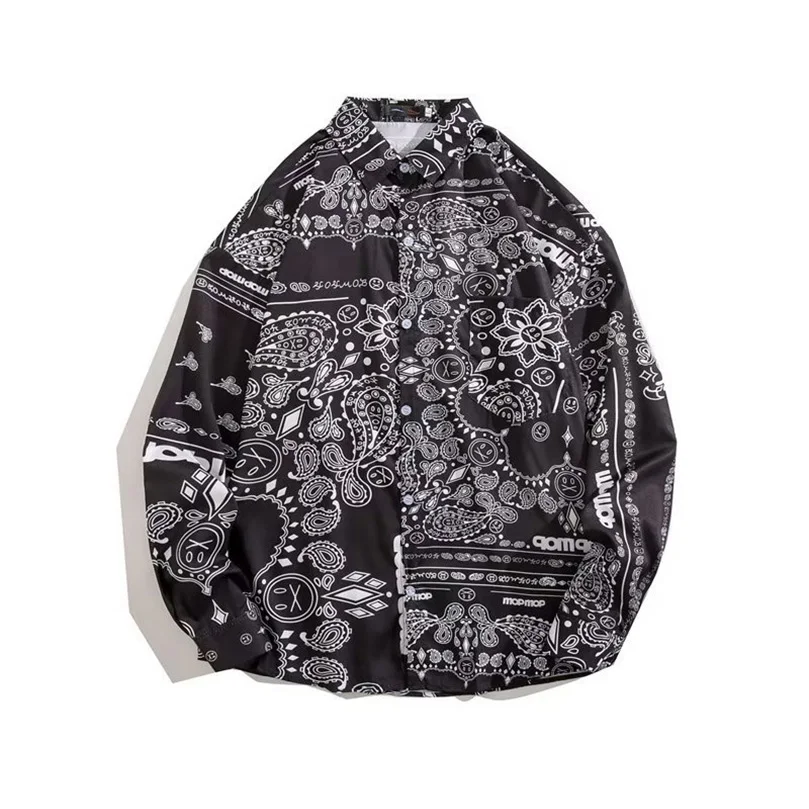 

Long-Sleeved Floral Bandana Shirt Men's Thin Autumn Fashion Brand Retro Handsome Versatile Oversize Hip Hop Beach Couple Shirt