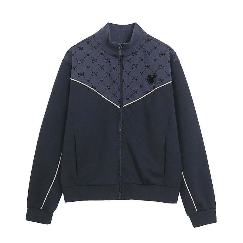 Disney Mickey broderie sweat-shirt zippé femmes décontracté col montant Bomber veste Patchwork contraste couleur pull vêtements d'extérieur haut