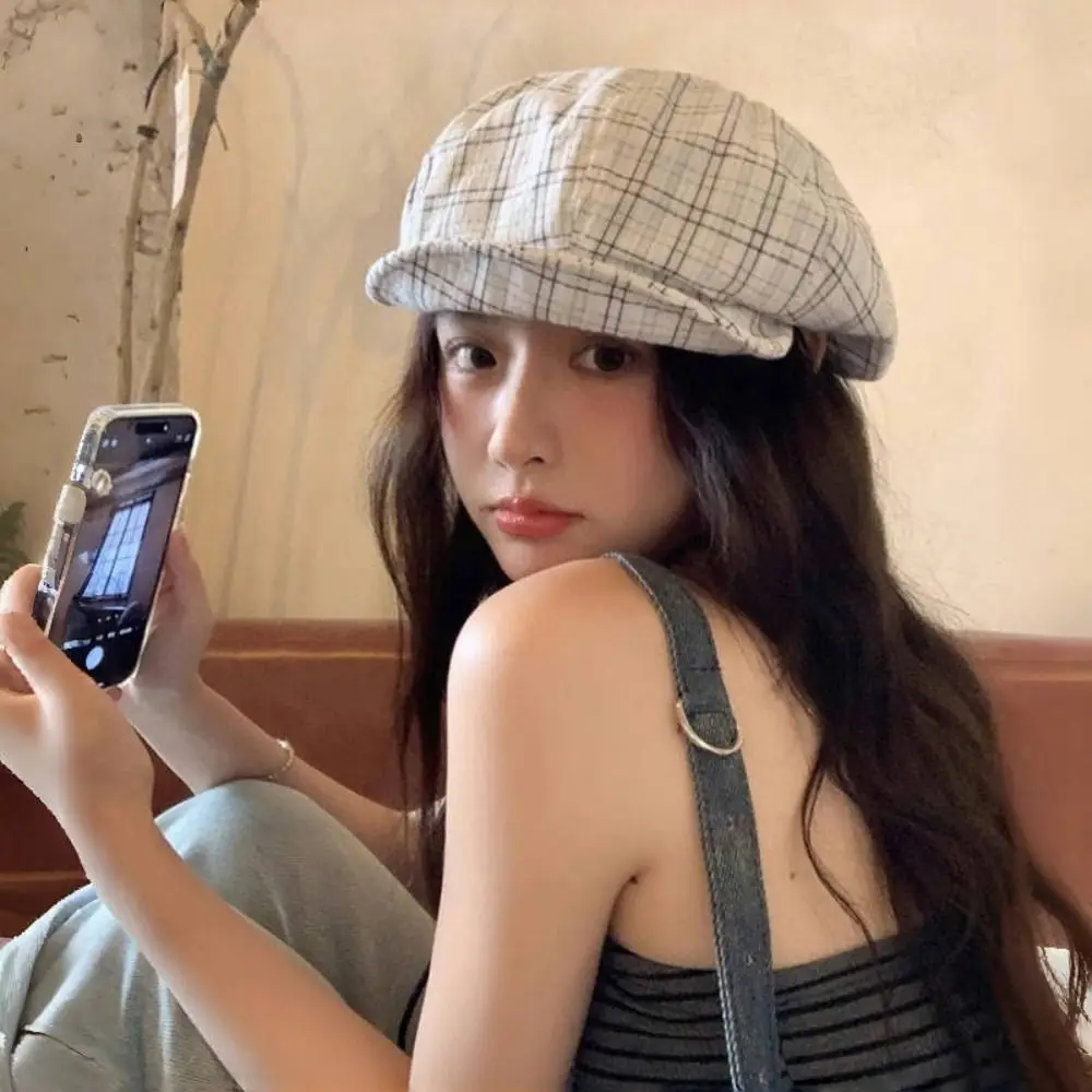 

Fashion Ins Green Plaid Cloud Berets Spring Summer Y2k Newsboy Caps Casual Harajuku Painter Hat Outdoor