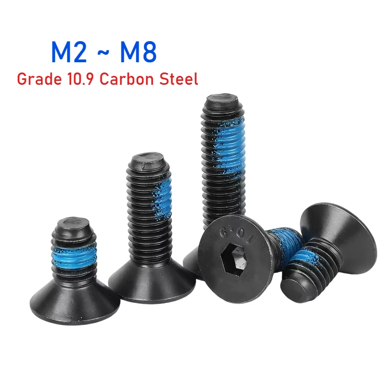 M2~M8 Black Grade 10.9 Carbon Steel Hexagon Socket Flat Countersunk Head Screw With Adhesive Coating Anti-slip Bolts