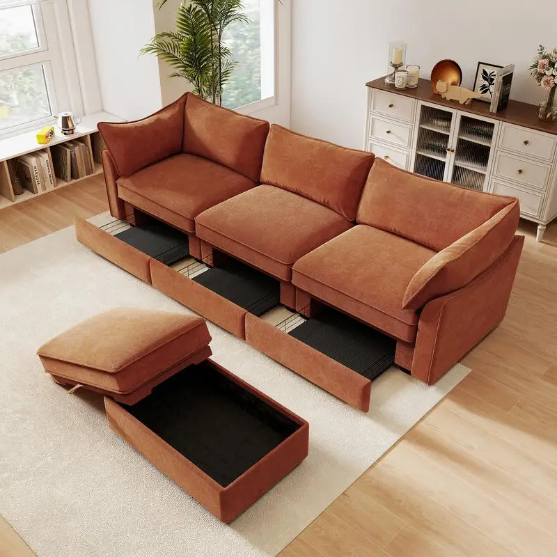 L-Shaped 3-Seater Sectional Sofa Couch with Movable Ottoman, Crescent-Shaped Armrests, Wraparound Back & Armrest Cushions, Soft