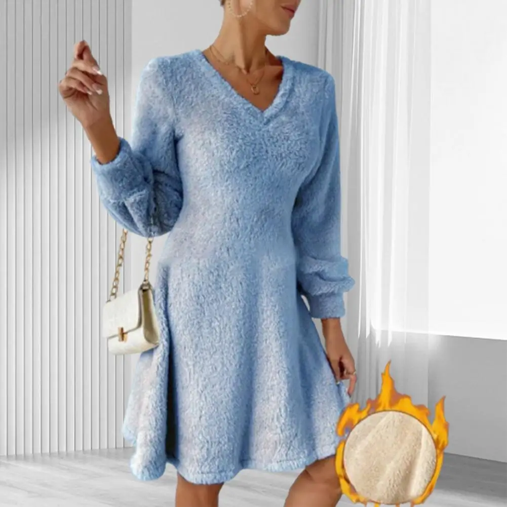 Solid Color A-line Dress Cozy Plush V Neck Women's Winter Dress with A-line Hem Long Sleeve for Warmth Comfort in Knee Length