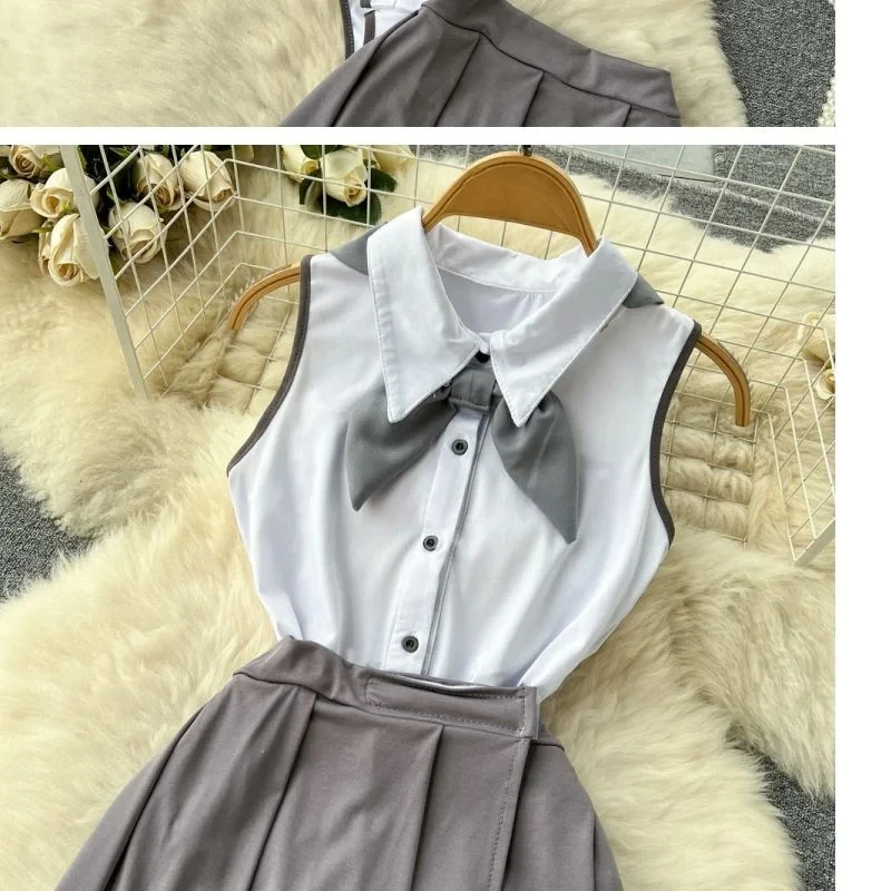 Hotsweet Playsuit-Sets für Damen, ärmellos, schmal geschnitten, rückenfrei, ausgehöhlter Body + Falten-Minirock mit elastischer Taille, sexy Club-Anzüge – Detail 3