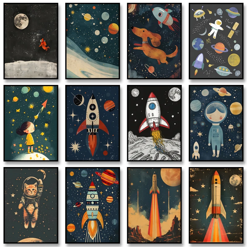 1pc frameless Canvas Painting Bohemian Style Astronaut Girl Art Poster Retro Space Rocket Canvas Painting Minimalist Print Wall