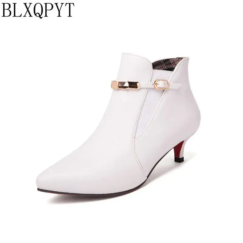 BLXQPYT Women's Kitten Heel Ankle Boots Pointed Toe Elastic Band Booties Metal Buckle Shoes Black Red White Plus Size 33-47 57-7