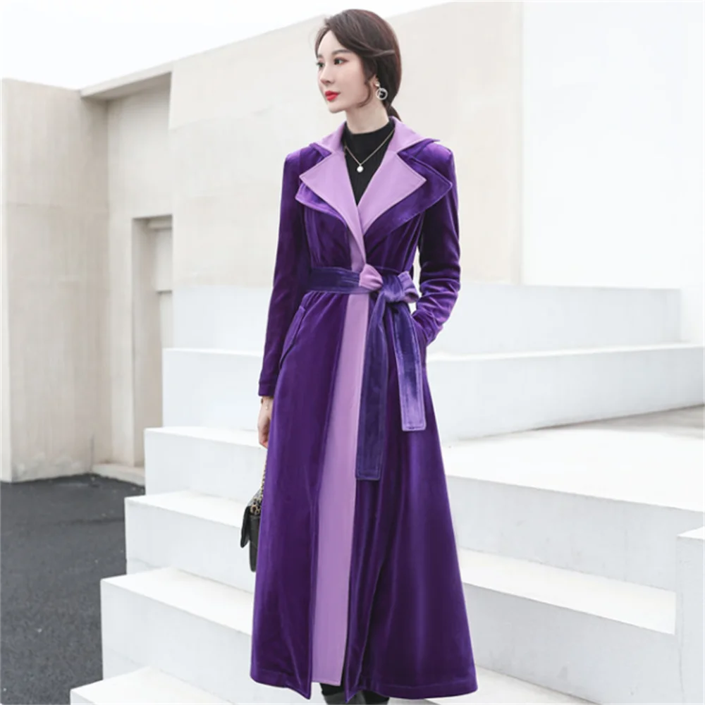 Long velvet trench coat women 2023 Spring and Autumn new slim over-the-knee  fashion velvet coat abrigo mujer