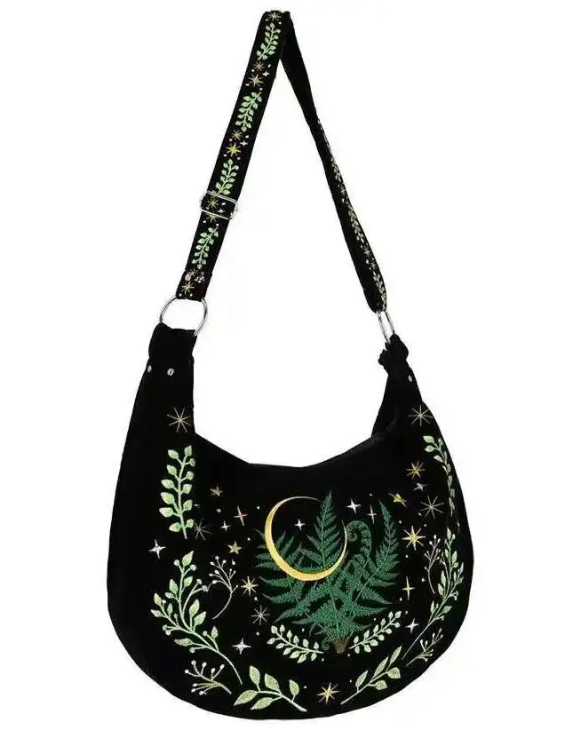 

2025 European And American Fashion Plant Flower Embroidery Large Capacity Canvas Single Shoulder Crossbody Bag For Women Trendy