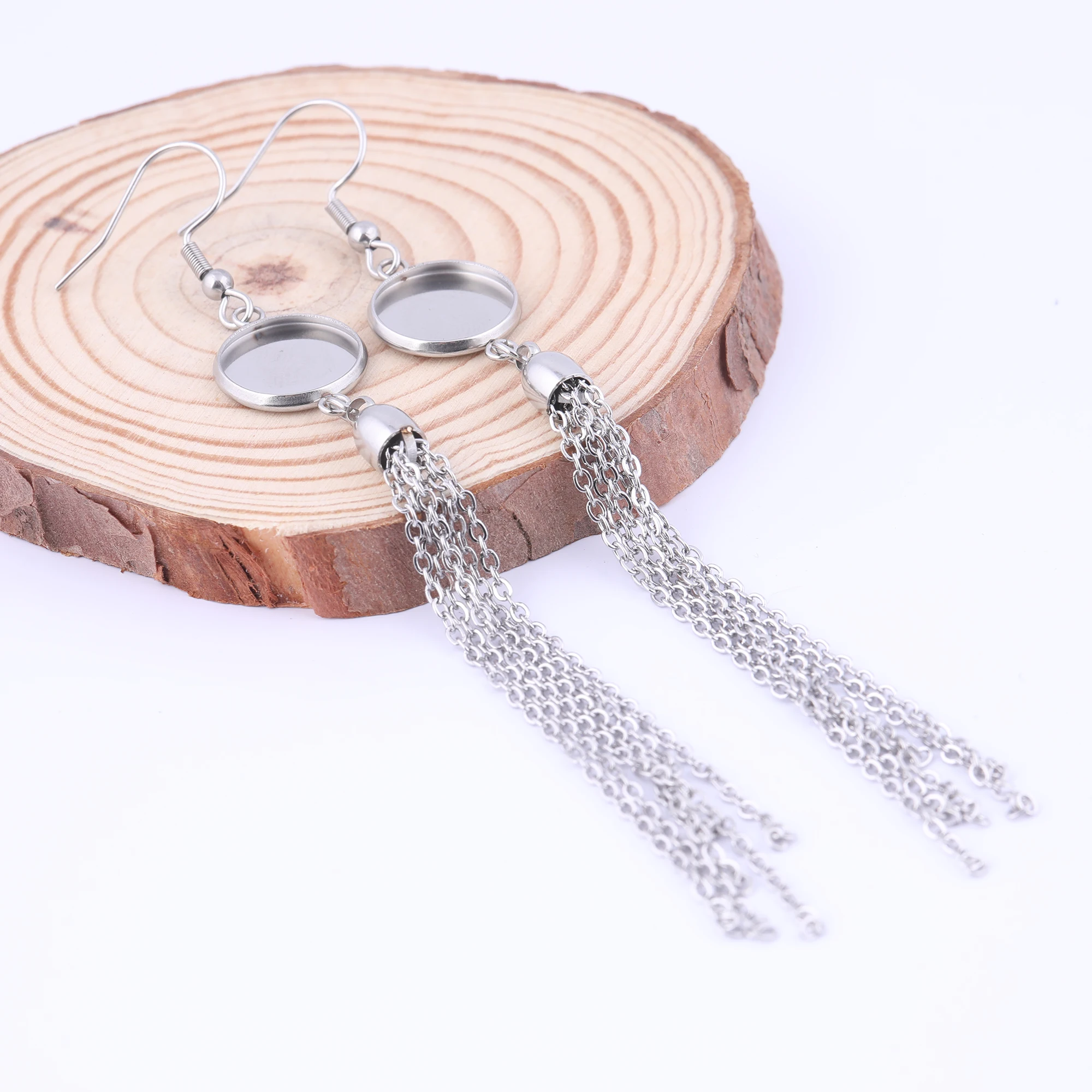 6 sztuk ze stali nierdzewnej Fit 12mm Cabochon podstawa kolczyka półfabrykaty z frędzlami Charms Diy ustawienia ramki na materiały do wyrobu biżuterii