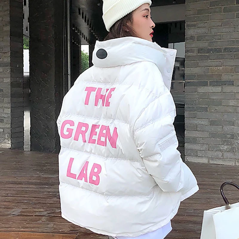 2023 Winter Women Loose Cotton Jacket Letter Print Patchwork Color Fashion Drawstring Parkas Female Casual Thicken Bread Coat