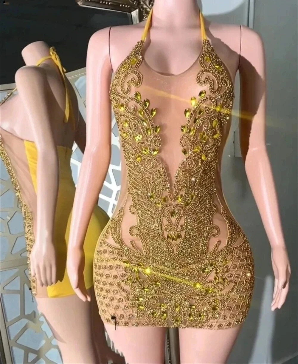 Beaded Gold Short Prom Dresses Black Girls Birthday Party Dresses Diamond African Mini Cocktail Dresses Homecoming Customized