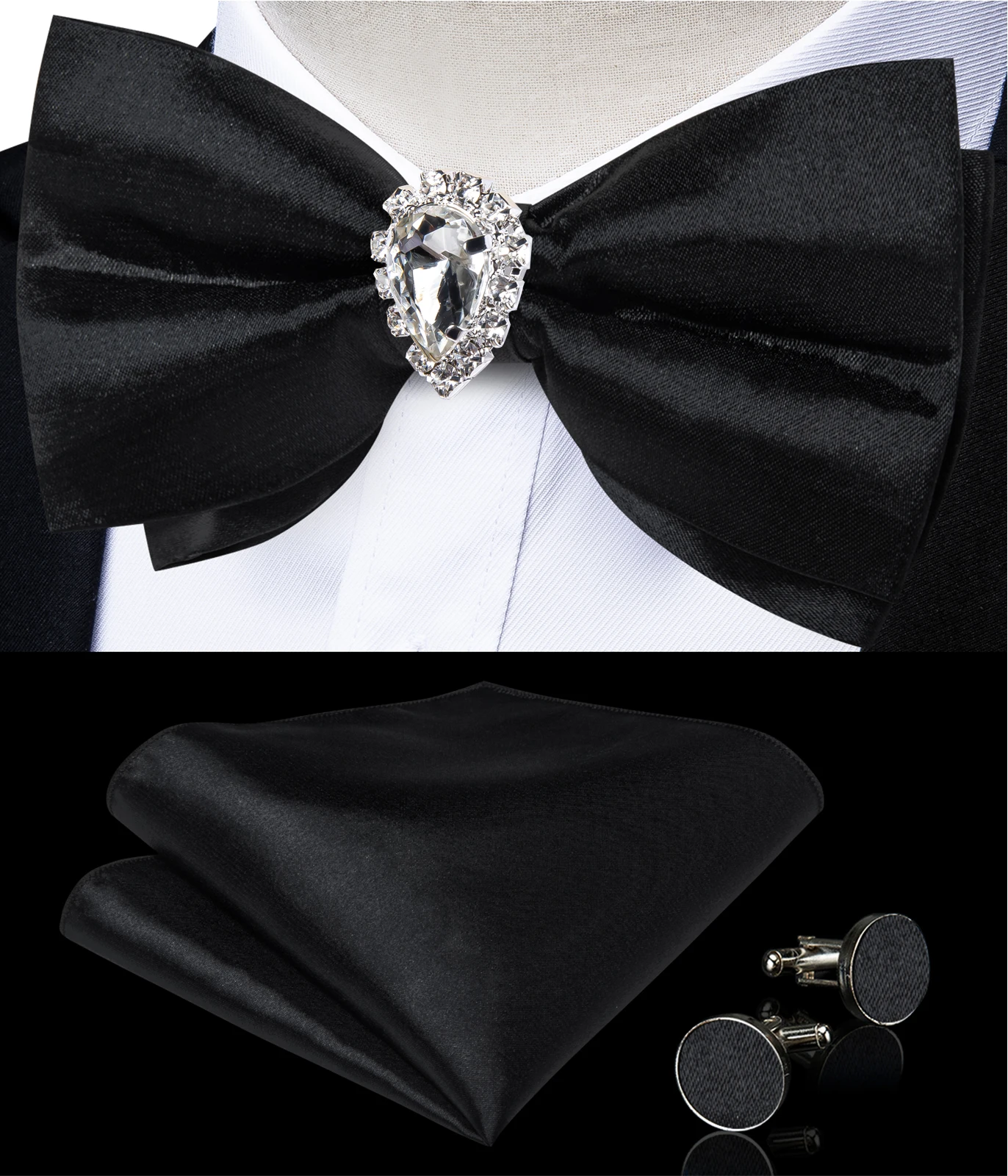 Men's Black Solid Pre tied Bow tie Handkerchief Cufflinks with Crystal Ring Luxury Bowknot for Wedding Prom Tuxedo Suits